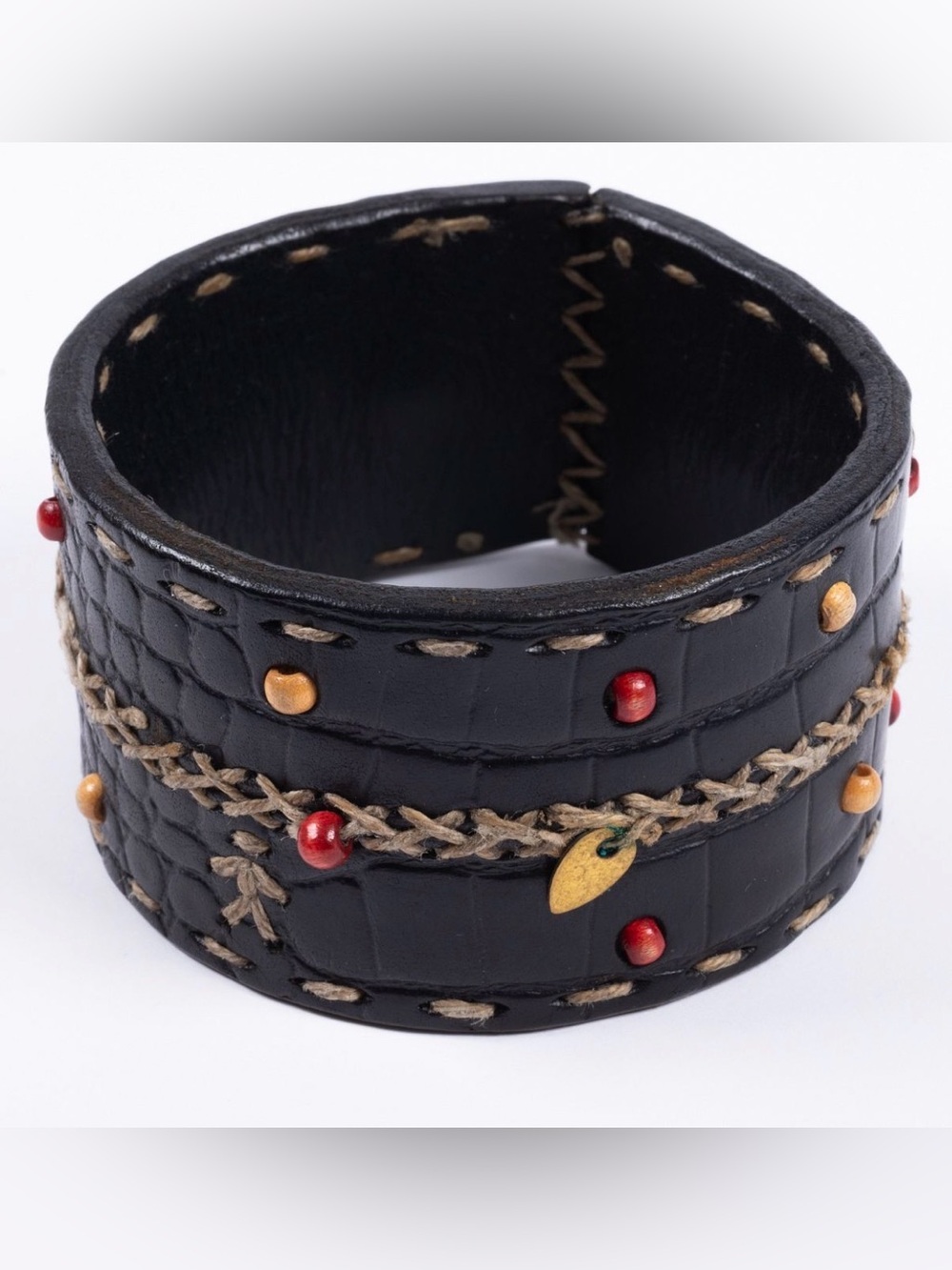 Henry Begeulin Handmade Croc-Embossed Leather Beaded Cuff Bracelet